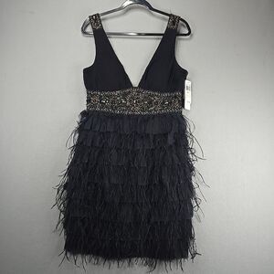 Sue Wong Nocturne New Years Feather Black Dress Cocktail Silk Blend NWT Sz 10